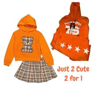 Orange Bear Hoodie and Plaid Skirt Set